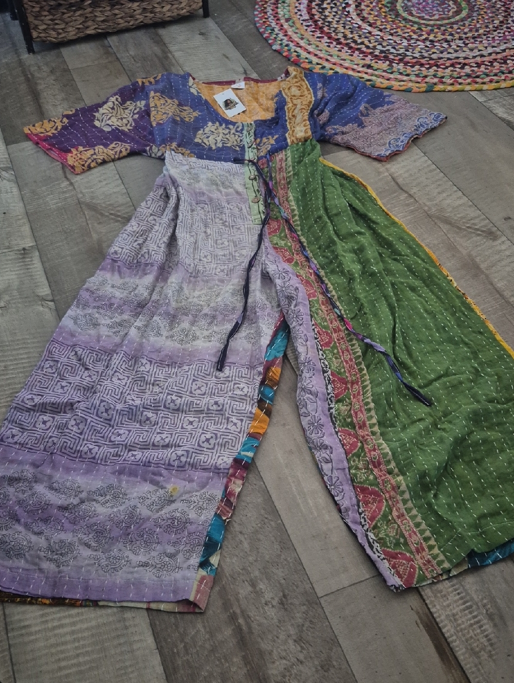 Custom High Quality Kantha Bohemian Patchwork Wide-Leg Jumpsuit Adjustable NWT - Picture 4 of 11